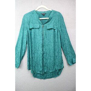 Rock & Republic Green Silky Long Sleeve Top-Full Zip-Size Medium